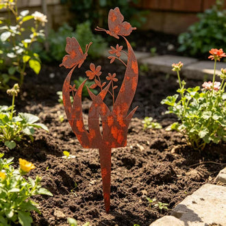 Rustic Metal Butterfly & Flower Garden Stake