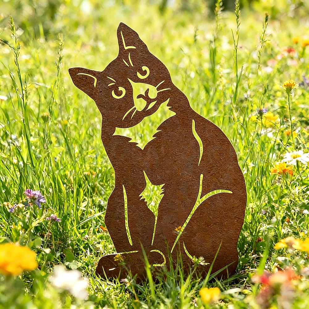 Rustic Metal Cat Silhouette Garden Stake - 11.8-Inch Tall, Yard & Walkway Decor-View 1-Next Deal Shop