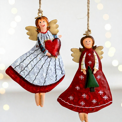 Rustic Metal Christmas Angel Hanging Ornaments - 4 Pack, Vintage Tree & Porch Holiday Decor