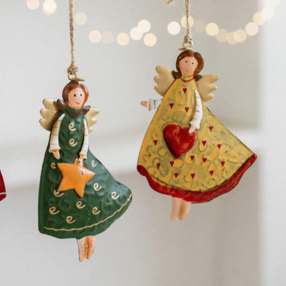 Rustic Metal Christmas Angel Hanging Ornaments - 4 Pack, Vintage Tree & Porch Holiday Decor