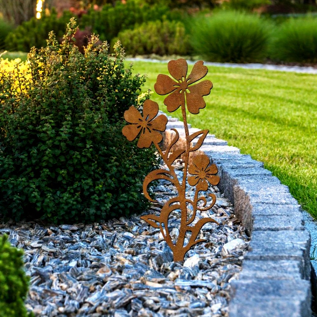 Rustic Metal Flower Garden Stake - Flower Bed & Lawn Yard Art