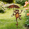 Rustic Metal Frog With Umbrella Garden Stake  -  13-Inch, Flower Bed & Lawn Yard Art