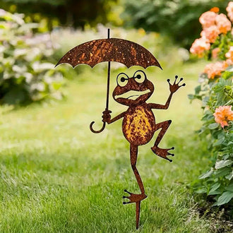Rustic Metal Frog With Umbrella Garden Stake ‑ 13-Inch, Flower Bed & Lawn Yard Art