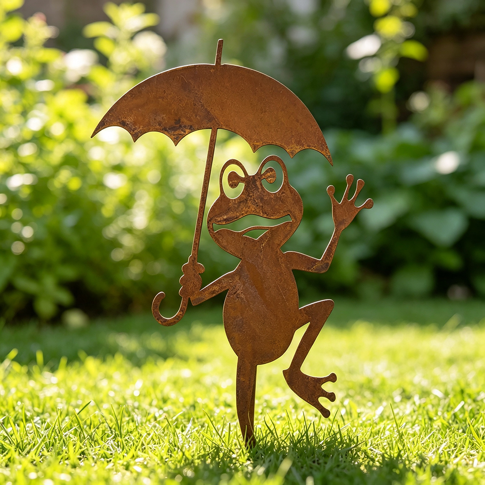 Rustic Metal Frog With Umbrella Garden Yard Stake-View 2-Next Deal Shop