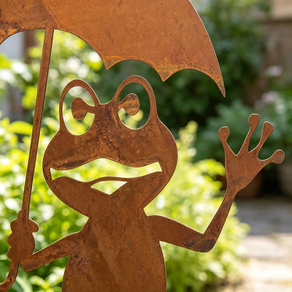 Rustic Metal Frog With Umbrella Garden Yard Stake-View 3-Next Deal Shop