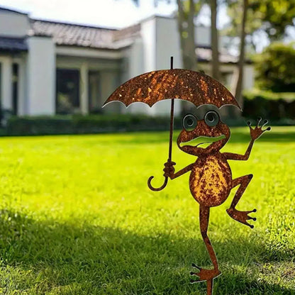 Rustic Metal Frog With Umbrella Garden Yard Stake-View 4-Next Deal Shop