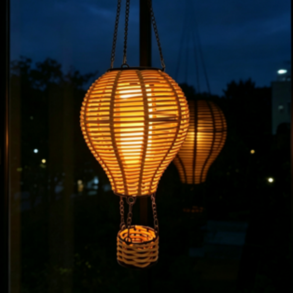 Solar Powered LED Rattan Hot Air Balloon Flickering Flame Lantern Light - Outdoor Decorative Lamp for Patio Yard Garden Porch