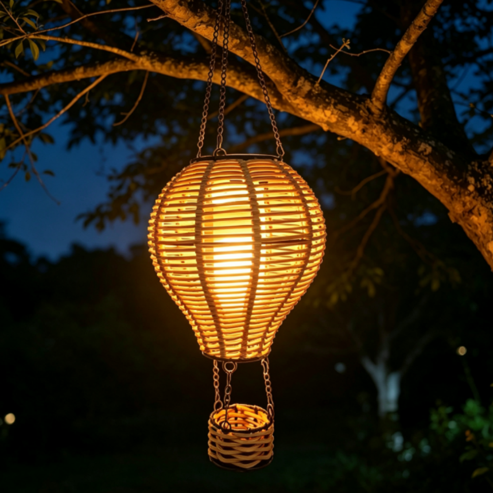 Solar Powered LED Rattan Hot Air Balloon Flickering Flame Lantern Light - Outdoor Decorative Lamp for Patio Yard Garden Porch