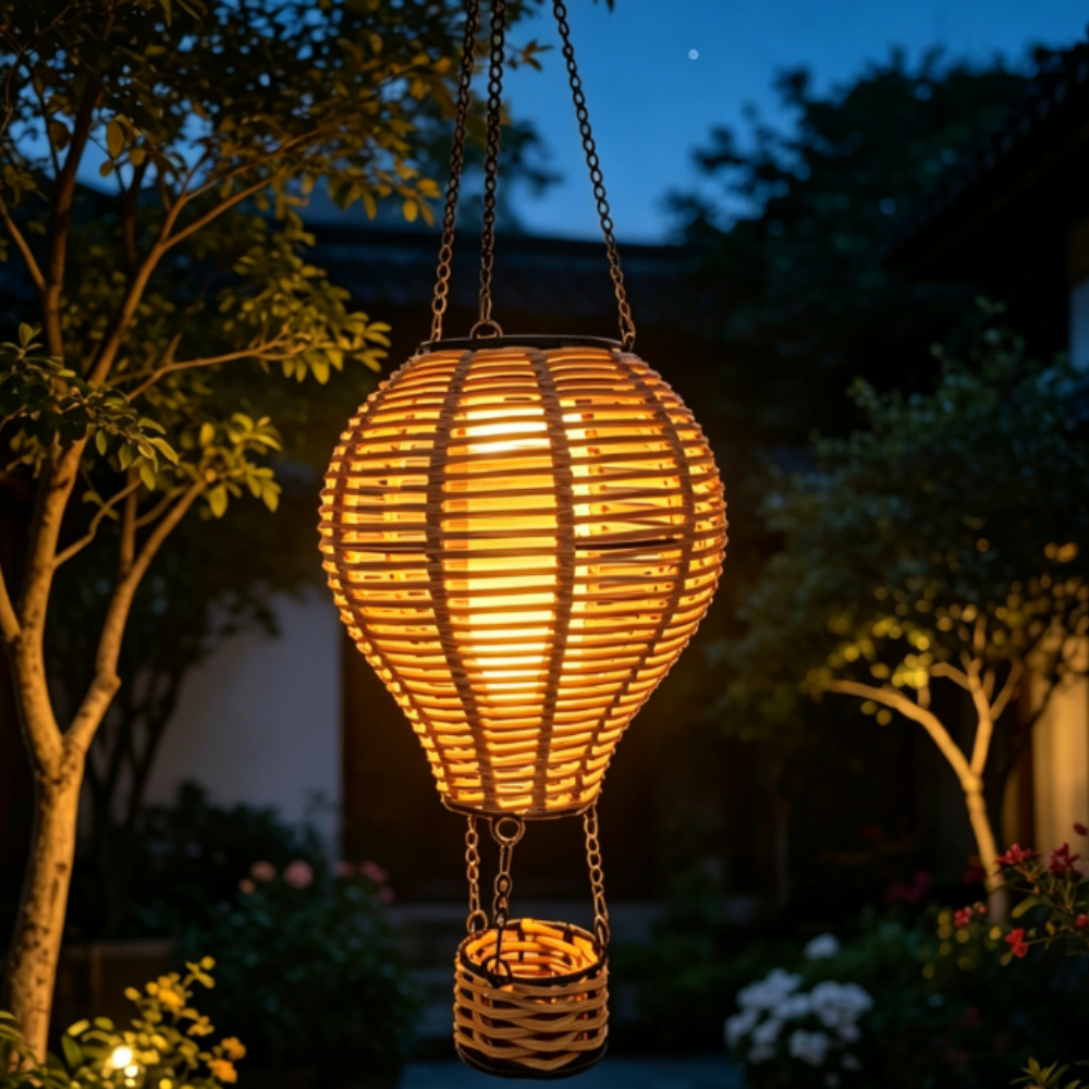 Solar Powered LED Rattan Hot Air Balloon Flickering Flame Lantern Light - Outdoor Decorative Lamp for Patio Yard Garden Porch