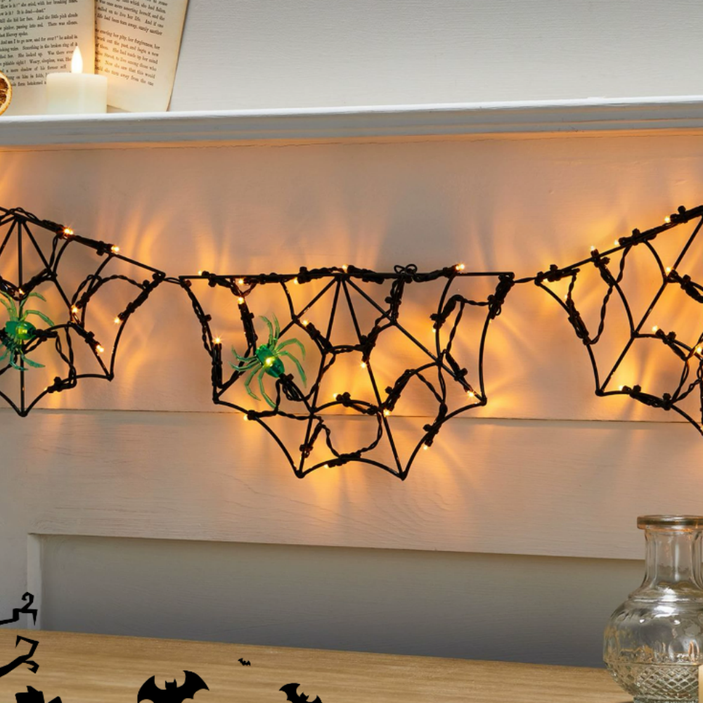 Spooky Spider Web LED String Lights with Spiders - Halloween Mantel Wall Window Holiday Party Decor Lighting