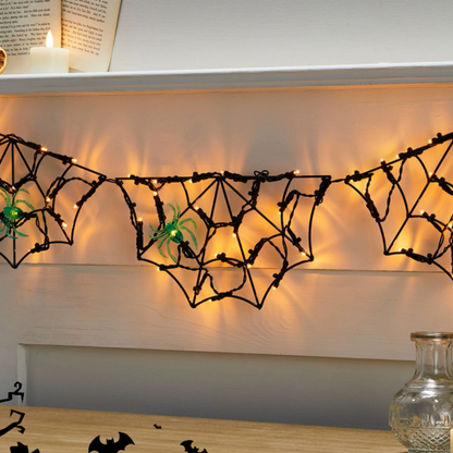 Spooky Spider Web LED String Lights with Spiders - Halloween Mantel Wall Window Holiday Party Decor Lighting