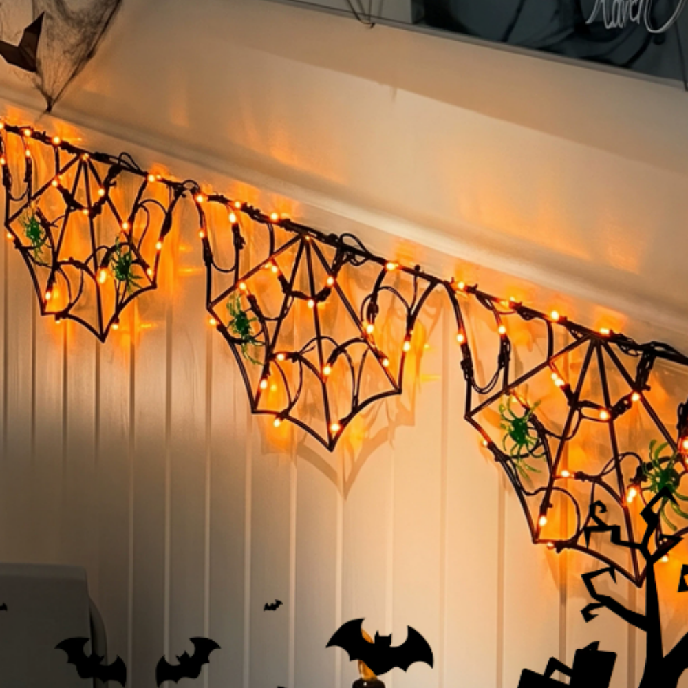 Spooky Spider Web LED String Lights with Spiders - Halloween Mantel Wall Window Holiday Party Decor Lighting