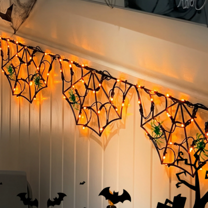 Spooky Spider Web LED String Lights with Spiders - Halloween Mantel Wall Window Holiday Party Decor Lighting