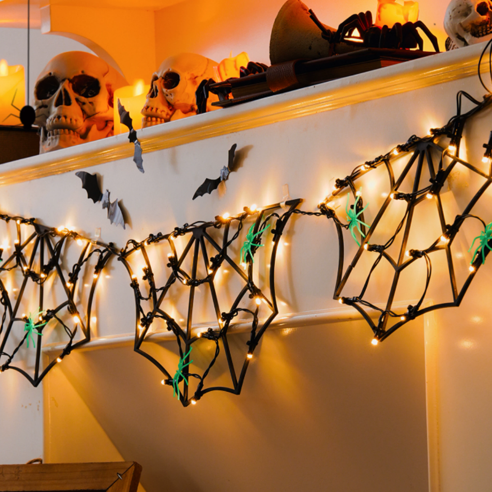 Spooky Spider Web LED String Lights with Spiders - Halloween Mantel Wall Window Holiday Party Decor Lighting