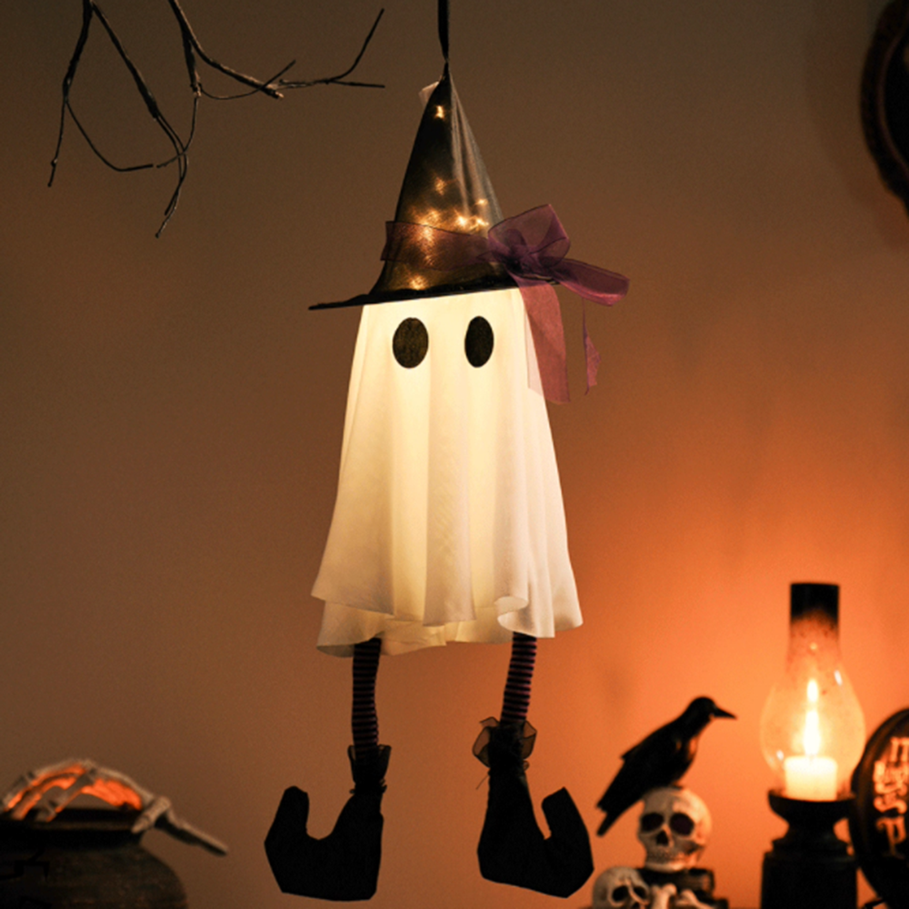 Spooky Glowing Hanging Ghost with Witch Hat - Halloween Porch Tree Holiday Party Decor Lighting