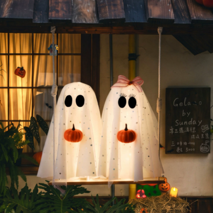 Adorable Glowing Swinging Ghosts with Pumpkin Hanging Decor - Halloween Porch Yard Tree Holiday Party Spooky Decor Lighting