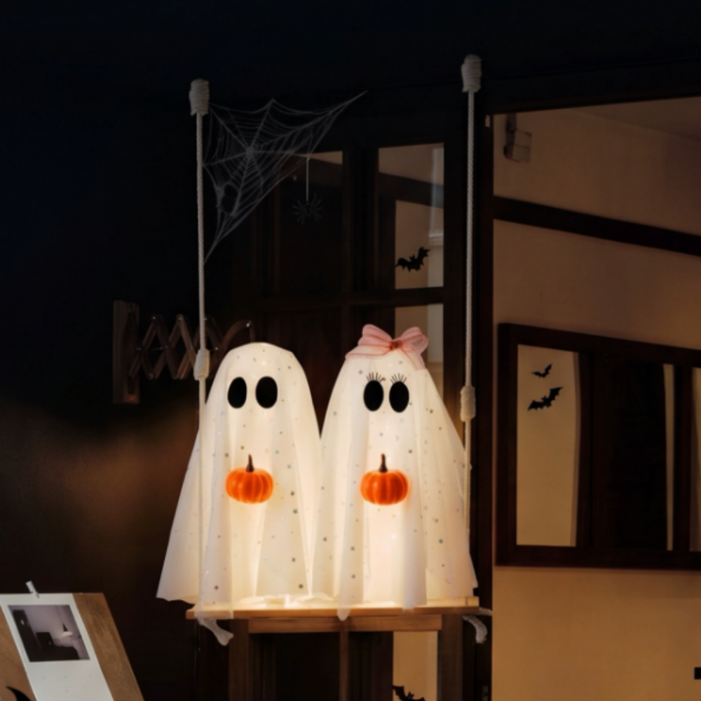 Adorable Glowing Swinging Ghosts with Pumpkin Hanging Decor - Halloween Porch Yard Tree Holiday Party Spooky Decor Lighting