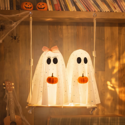 Adorable Glowing Swinging Ghosts with Pumpkin Hanging Decor - Halloween Porch Yard Tree Holiday Party Spooky Decor Lighting