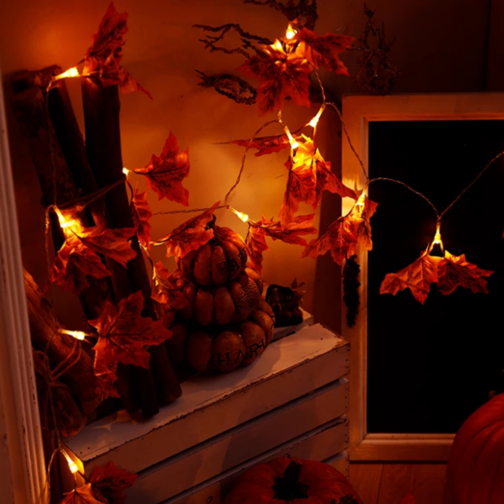 USB Powered Warm White LED Maple Leaf LED String Lights - 9.84 ft, 20 LED, Thanksgiving Halloween Home Mantel Table Holiday Party Decor Lighting