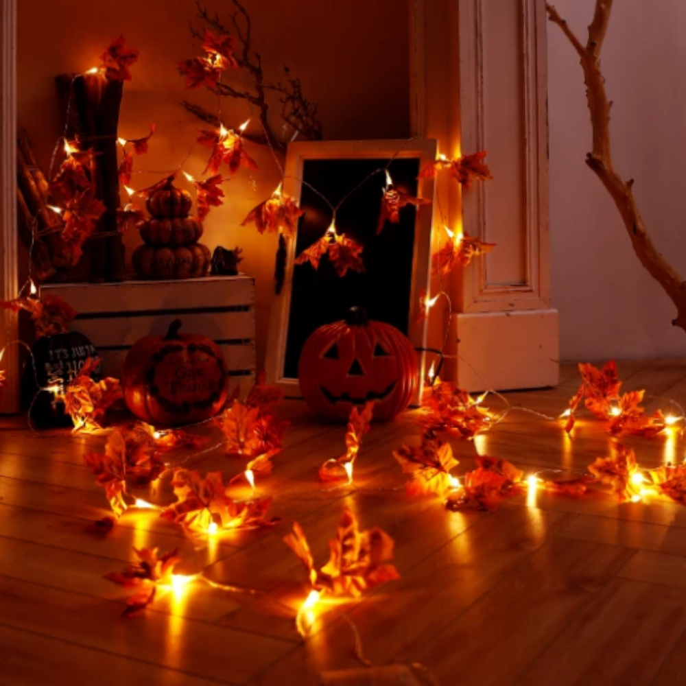 USB Powered Warm White LED Maple Leaf LED String Lights - 9.84 ft, 20 LED, Thanksgiving Halloween Home Mantel Table Holiday Party Decor Lighting