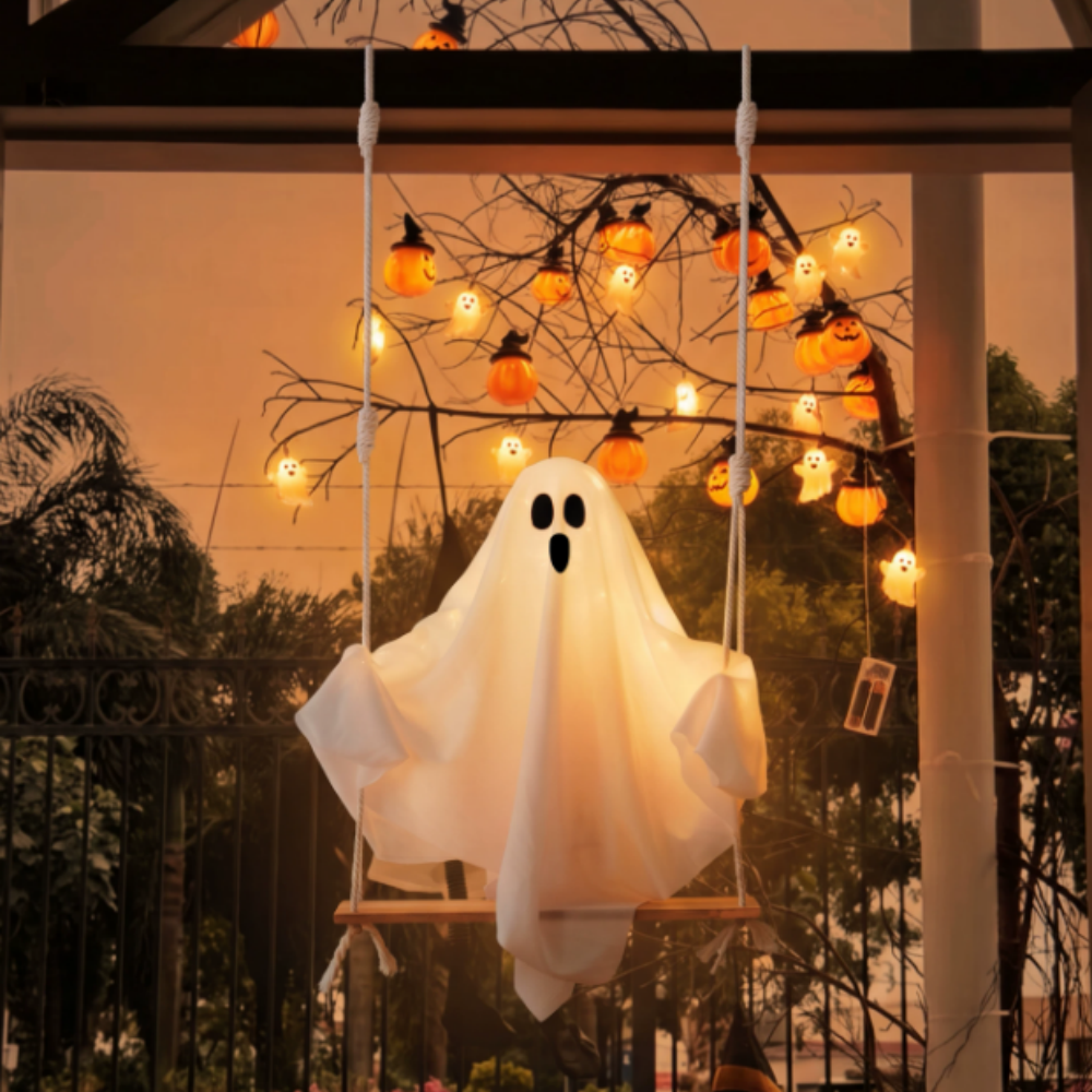 Spooky Glowing Swinging Ghost Hanging Decor - Halloween Decorations for Window Porch Tree Yard Party