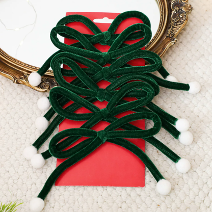 Christmas Green Velvet Bows with Pom Poms - 6 Pcs, Christmas Tree Wreath Holiday Decor
