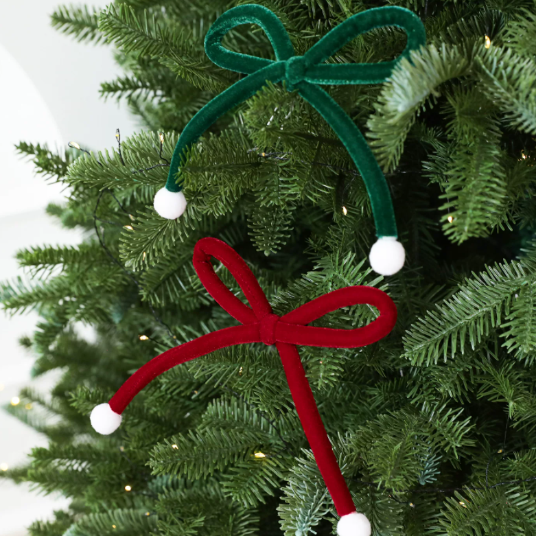 Christmas Red Velvet Bows with Pom Poms - 6 Pcs, Christmas Tree Wreath Holiday Decor