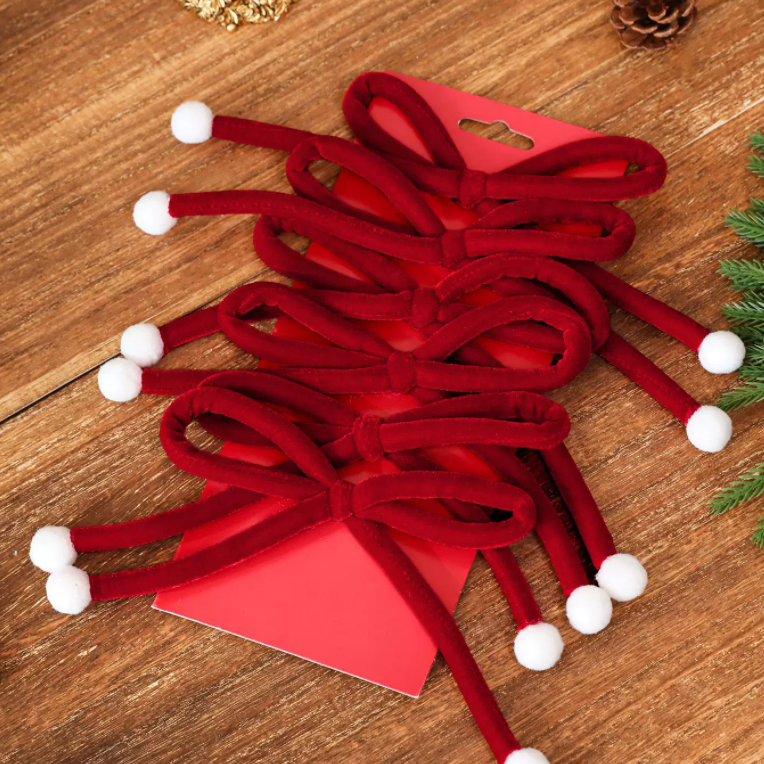 Christmas Red Velvet Bows with Pom Poms - 6 Pcs, Christmas Tree Wreath Holiday Decor
