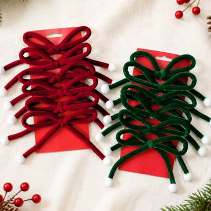 Christmas Green Velvet Bows with Pom Poms - 6 Pcs, Christmas Tree Wreath Holiday Decor