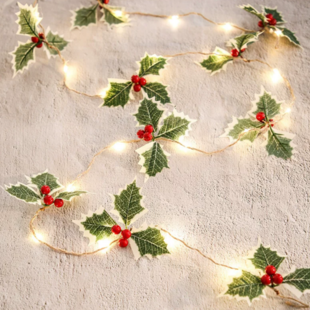 Battery Powered Christmas Holly Berry LED String Lights - 6.56 ft, 20 LED, Xmas Home Mantel Table Decor