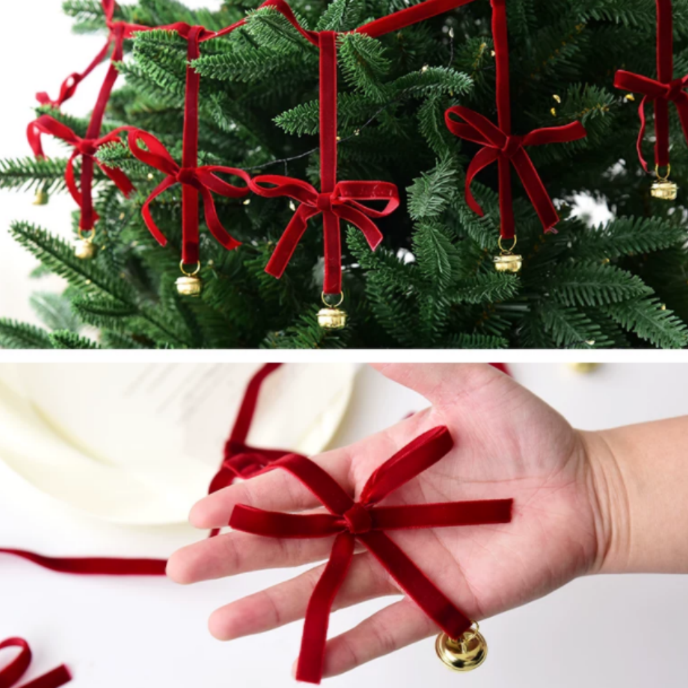 Festive Red Velvet Bow Bell Garland - Christmas Mantel Wall Hanging Holiday Decor