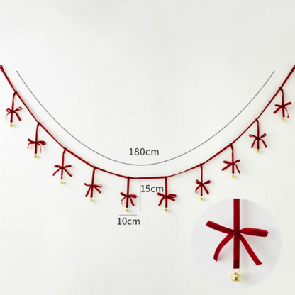 Festive Red Velvet Bow Bell Garland - Christmas Mantel Wall Hanging Holiday Decor