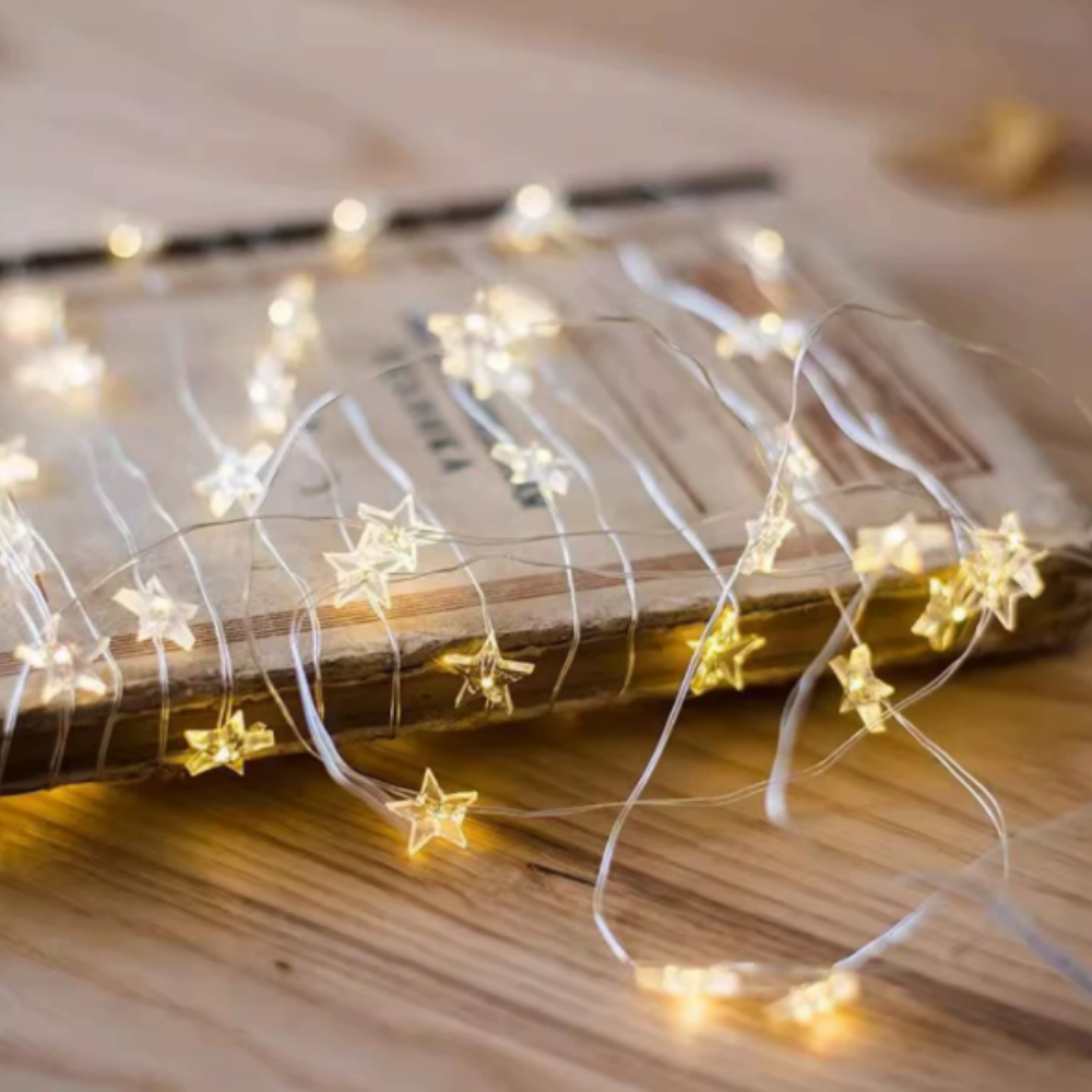 Battery Powered Christmas Star Fairy String Lights - 6.56 ft, 20 LED, Xmas Home Mantel Table Decor