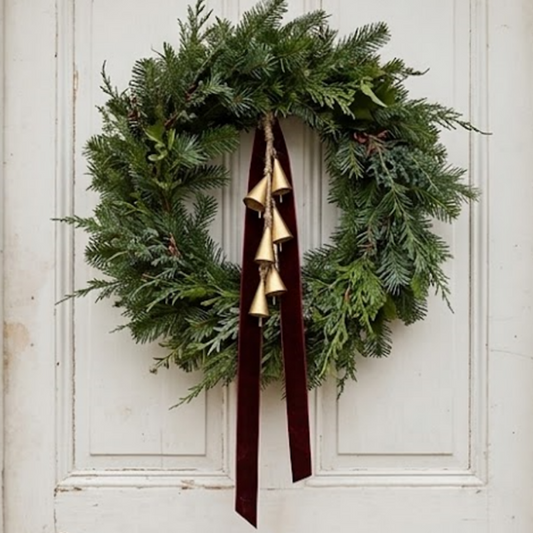 Vintage Christmas Metal Bell with Velvet Ribbon - Wreath Garland Mantel Wall Door Hanging Decor