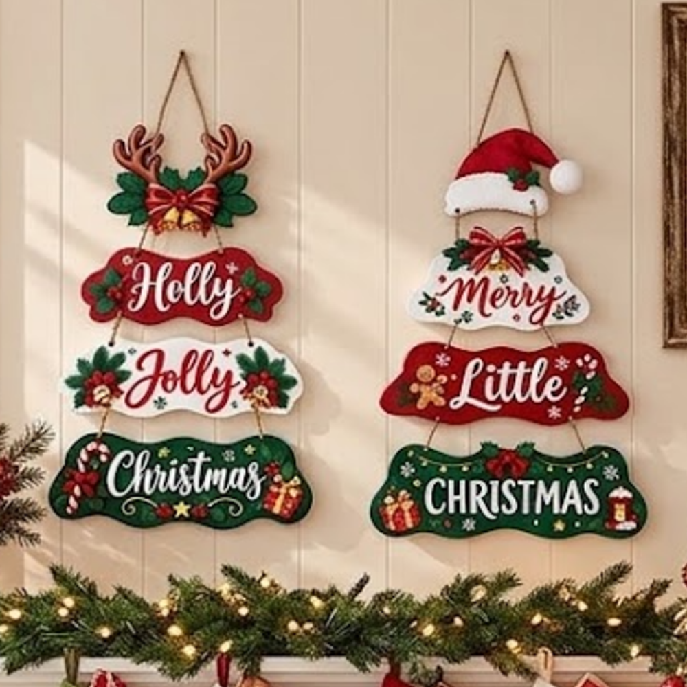 Christmas Wooden Hanging Signs - Set of 2, Holiday Front Door Wall Hanging Decor