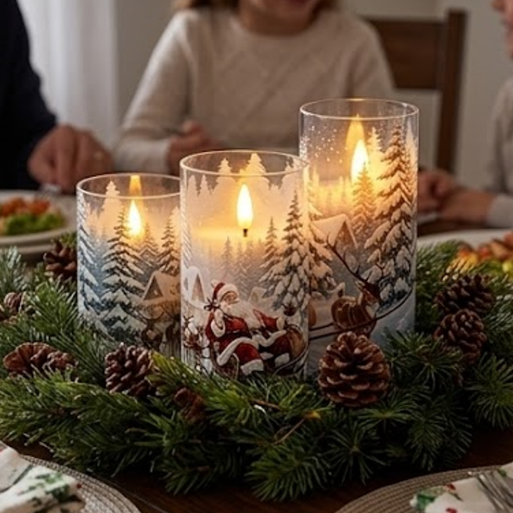 Battery Powered Christmas Santa & Reindeer Flameless LED Candles - Set of 3, Holiday Tabletop Mantel Decor