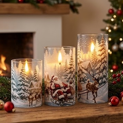 Battery Powered Christmas Santa & Reindeer Flameless LED Candles - Set of 3, Holiday Tabletop Mantel Decor
