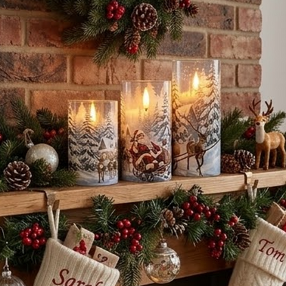 Battery Powered Christmas Santa & Reindeer Flameless LED Candles - Set of 3, Holiday Tabletop Mantel Decor