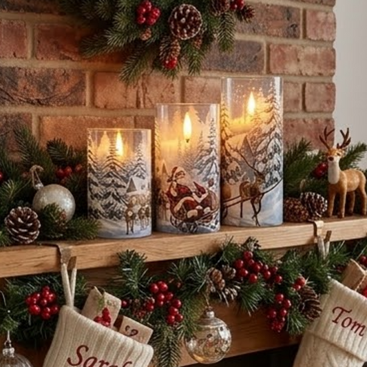 Battery Powered Christmas Santa & Reindeer Flameless LED Candles - Set of 3, Holiday Tabletop Mantel Decor