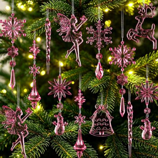 Christmas Pink Snowflake Fairy Icicle Hanging Ornaments - 20 Pcs, Xmas Tree Wreath Garland Decor