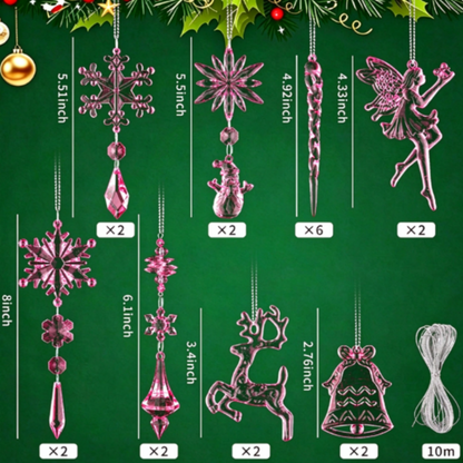 Christmas Pink Snowflake Fairy Icicle Hanging Ornaments - 20 Pcs, Xmas Tree Wreath Garland Decor