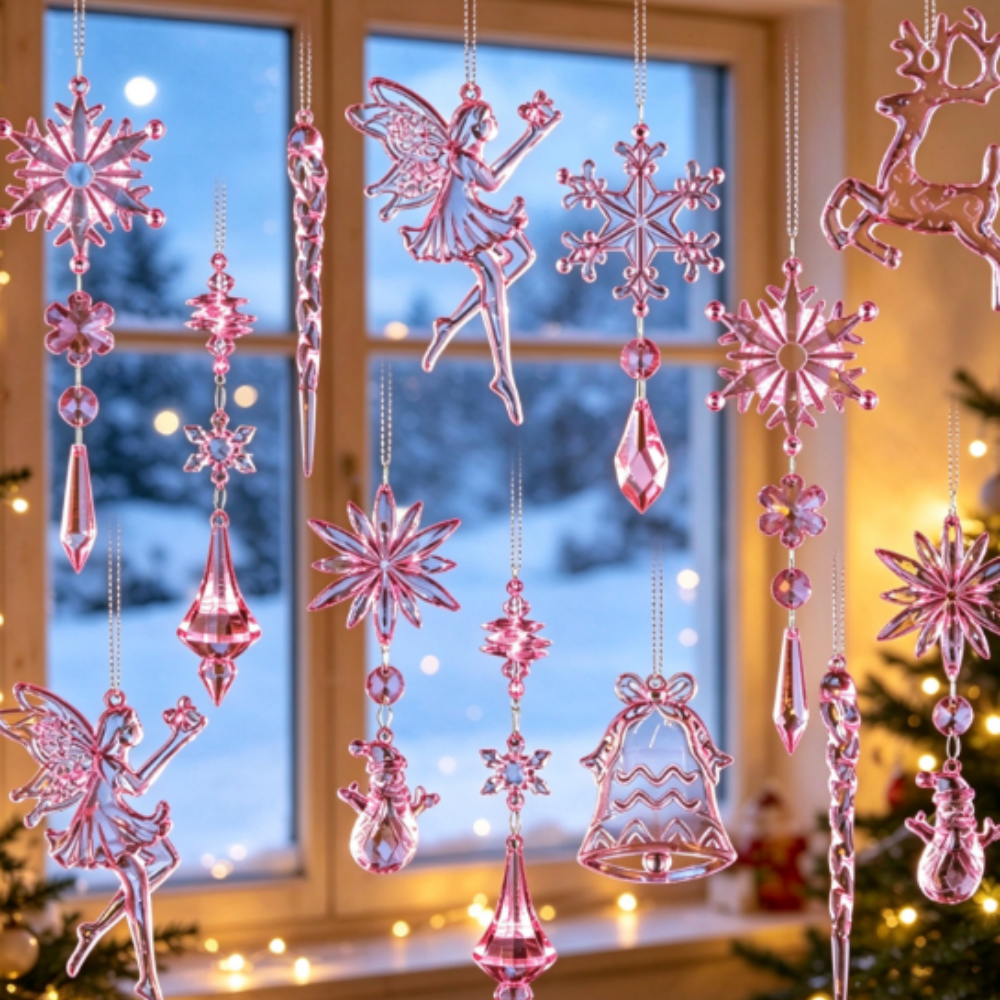Christmas Pink Snowflake Fairy Icicle Hanging Ornaments - 20 Pcs, Xmas Tree Wreath Garland Decor