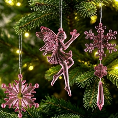 Christmas Pink Snowflake Fairy Icicle Hanging Ornaments - 20 Pcs, Xmas Tree Wreath Garland Decor