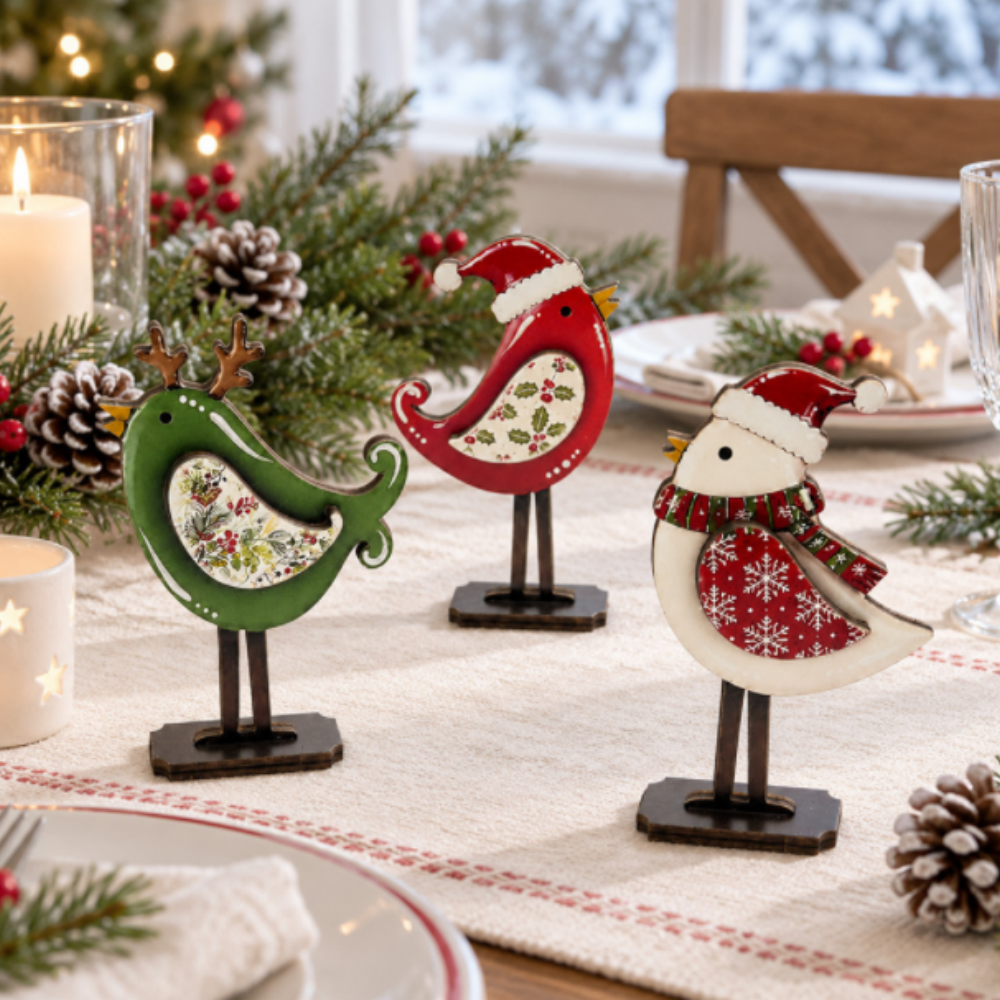 Wooden Christmas Bird Tabletop Decoration - Set of 3, Mantel Shelf Home Indoor Xmas Holiday Decor