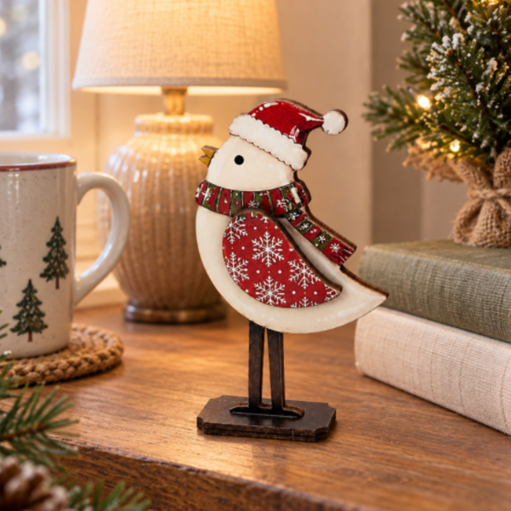 Wooden Christmas Bird Tabletop Decoration - Set of 3, Mantel Shelf Home Indoor Xmas Holiday Decor