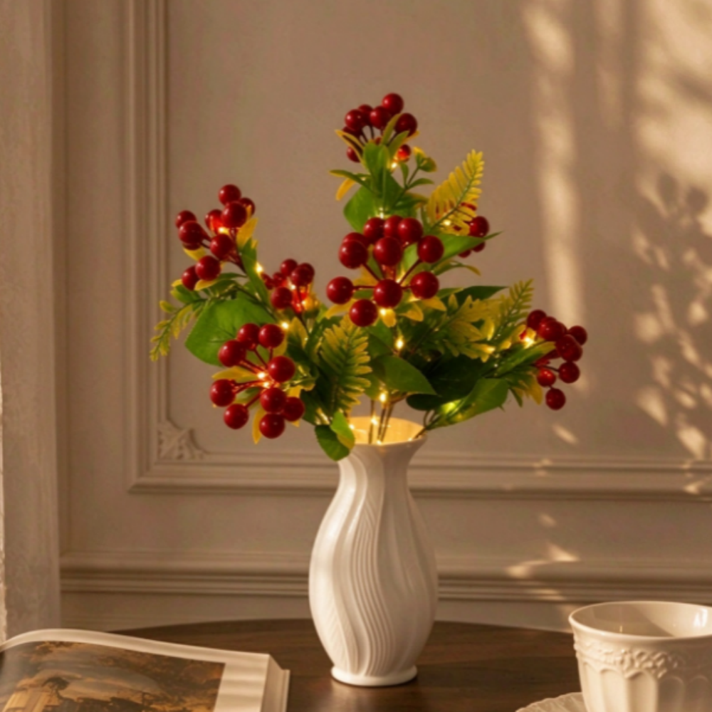 Battery Powered Lighted Christmas Red Berry Bouquet - Vase Filler Indoor Holiday Home Decor