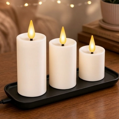 USB Rechargeable Flameless LED Candles with Remote & Charging Tray - Set of 3, Home Table Mantel Wedding Christmas Holiday Indoor Decor