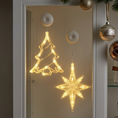 Battery Powered Warm White LED Christmas Window Light with Suction Cup - Set of 3, Home Xmas Holiday Decoration
