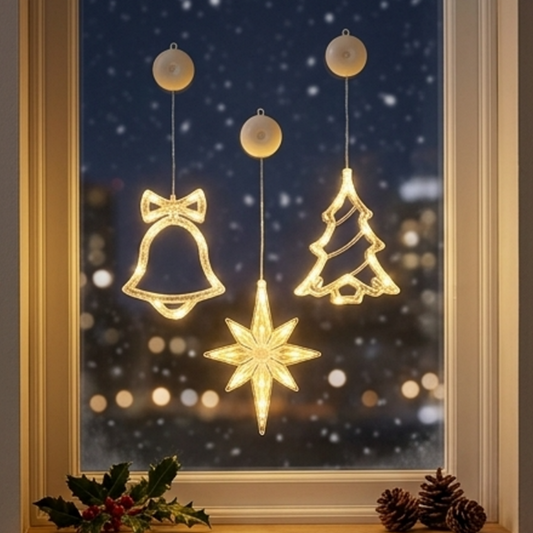Battery Powered Warm White LED Christmas Window Light with Suction Cup - Set of 3, Home Xmas Holiday Decoration