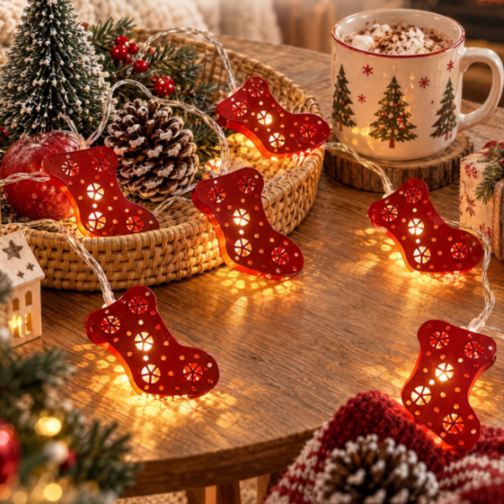 Battery Powered Christmas Stocking LED String Lights - 4.92 ft, 10 LED, Xmas Tree Mantel Home Holiday Party Decor